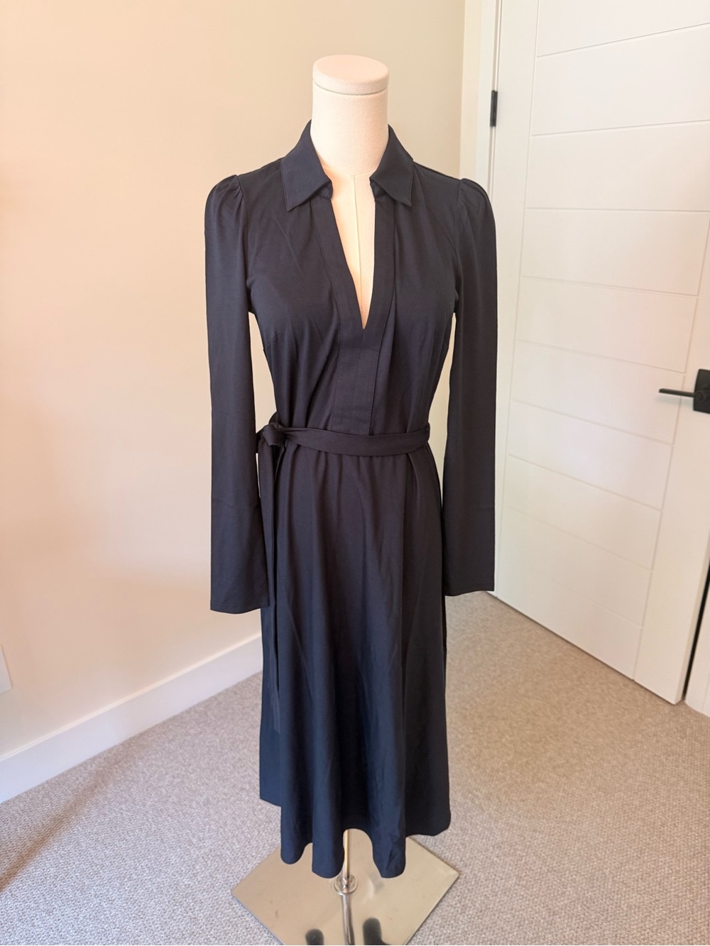 Boden Long-Sleeve Blue V-Neck Shirt Dress with Tie